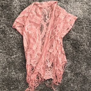 Blush pink lace kimono.
